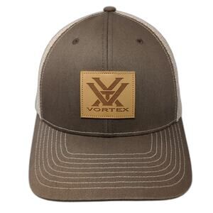 Vortex Trucker Hat Brown One Size Mesh Snapback Faux Leather Patch Logo Hat